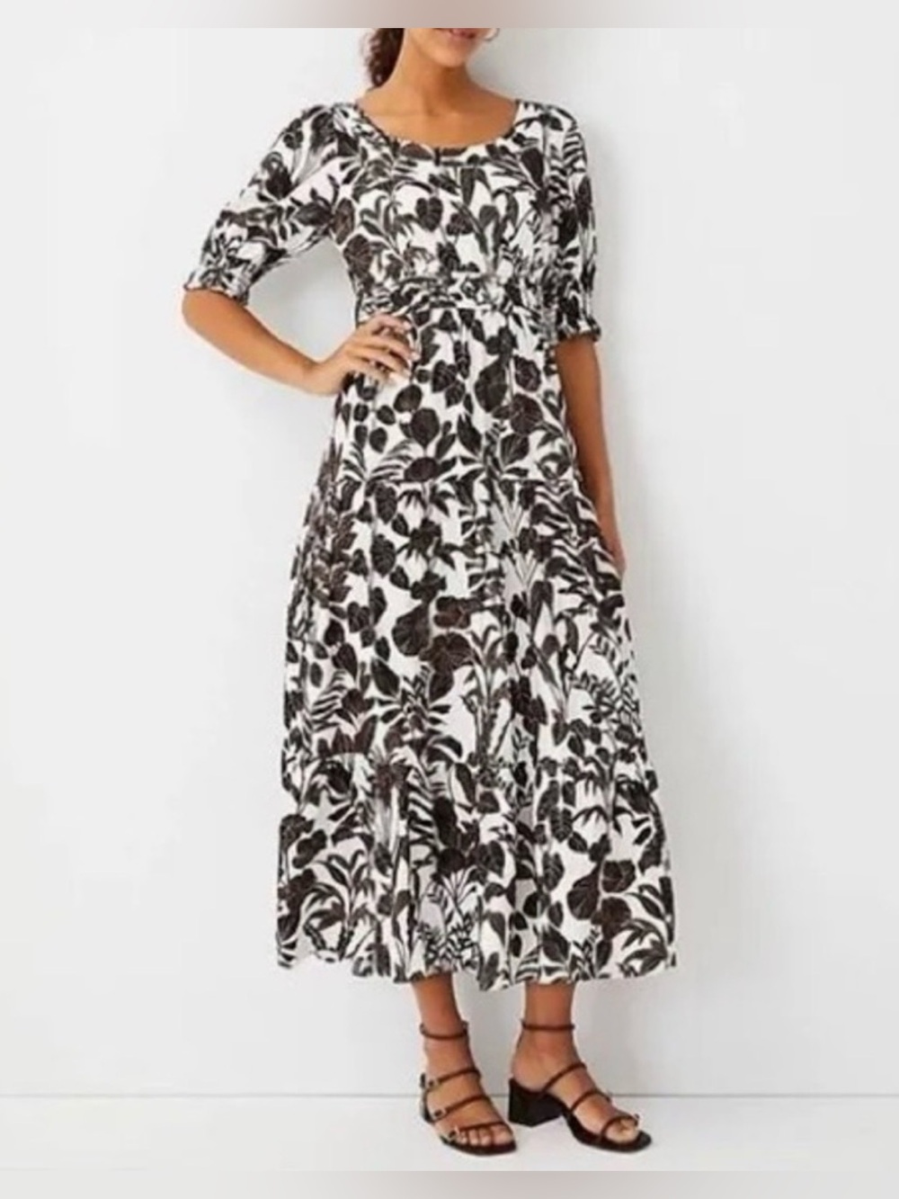 Ann Taylor Black, White and Brown Leaf Foliage Midi Dress with Puff Sleeves EUC